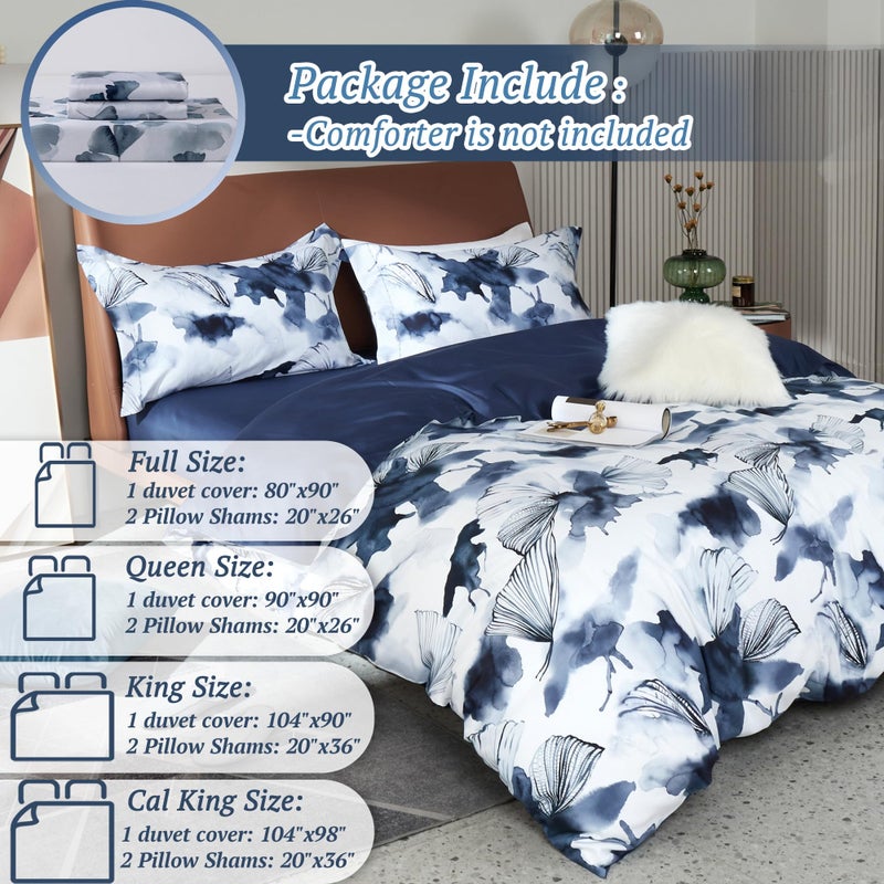 MILDLY Cotton Queen Duvet Cover Pillow Shams 3 Pieces Set Designed Blue Spring Floral Pattern Printed Bedding Set with Zipper Closure and Corner Ties (No Comforter) - Image 5